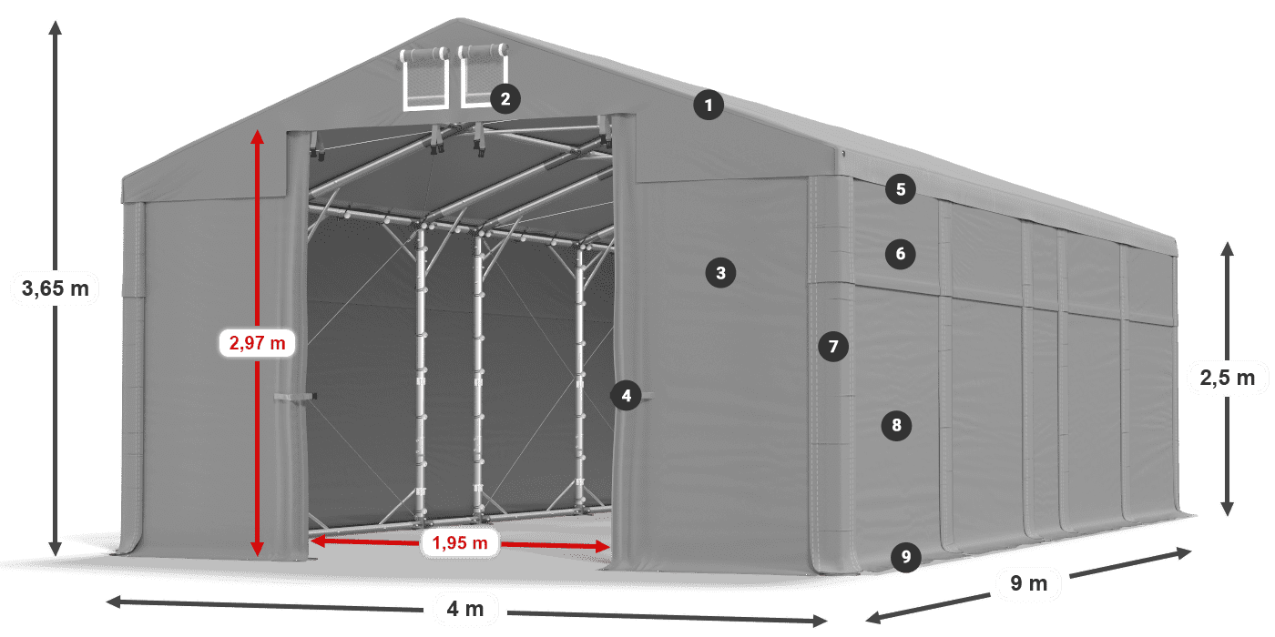 Střecha: FR 620 PVC Stěny: MS 580 PVC 2,5 m legenda