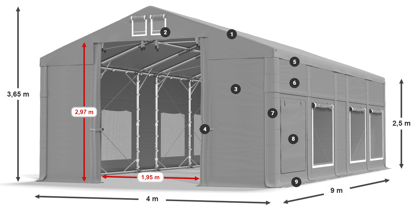 Střecha: FR 620 PVC Stěny: SD 500 PVC 2,5 m legenda