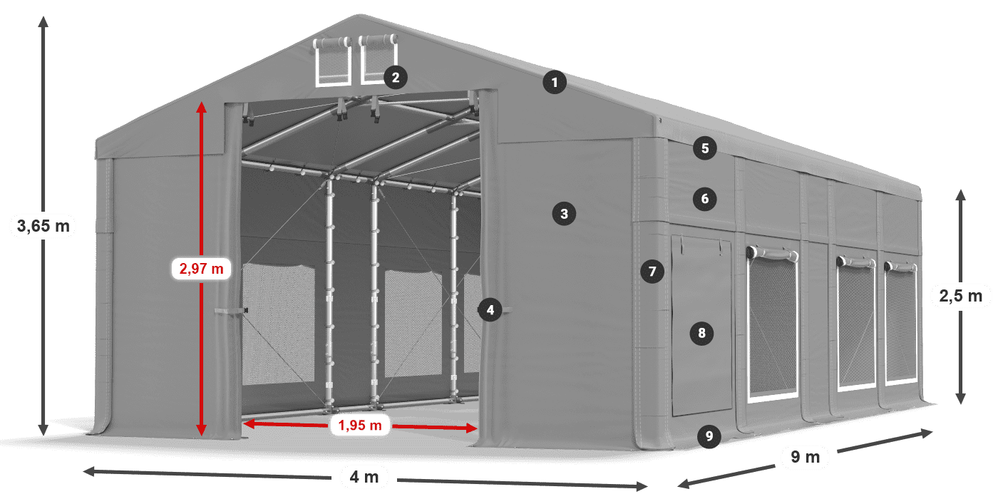 Střecha: FR 620 PVC Stěny: SD 500 PVC 2,5 m legenda