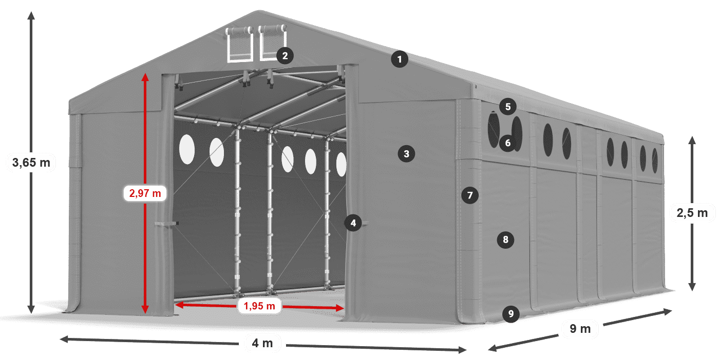 Střecha: MS 580 PVC Stěny: FR O 620 PVC 2,5 m legenda