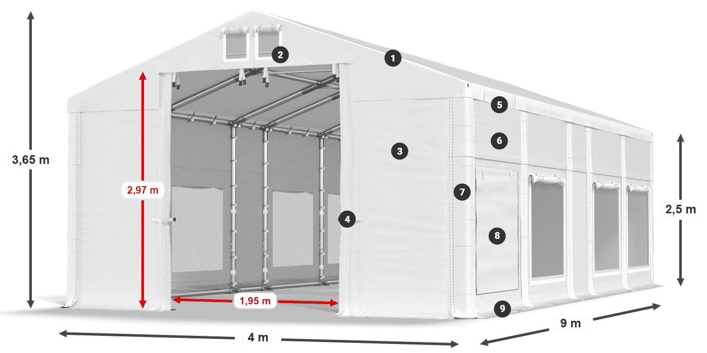 Střecha: MS 580 PVC Stěny: SD M 500 PVC 2,5 m legenda