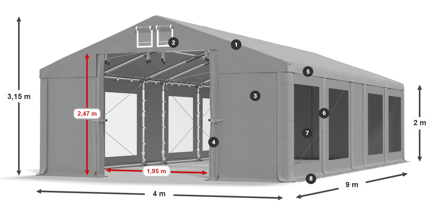 Střecha: FR 620 PVC Stěny: MS 580 PVC 2m legenda
