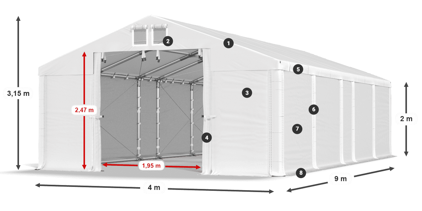 Střecha: FR 620 PVC Stěny: SD 500 PVC 2m legenda