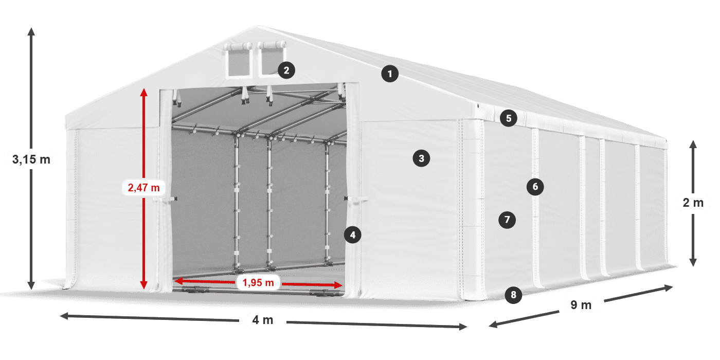 Střecha: MS 580 PVC Stěny: SD 500 PVC 2m legenda
