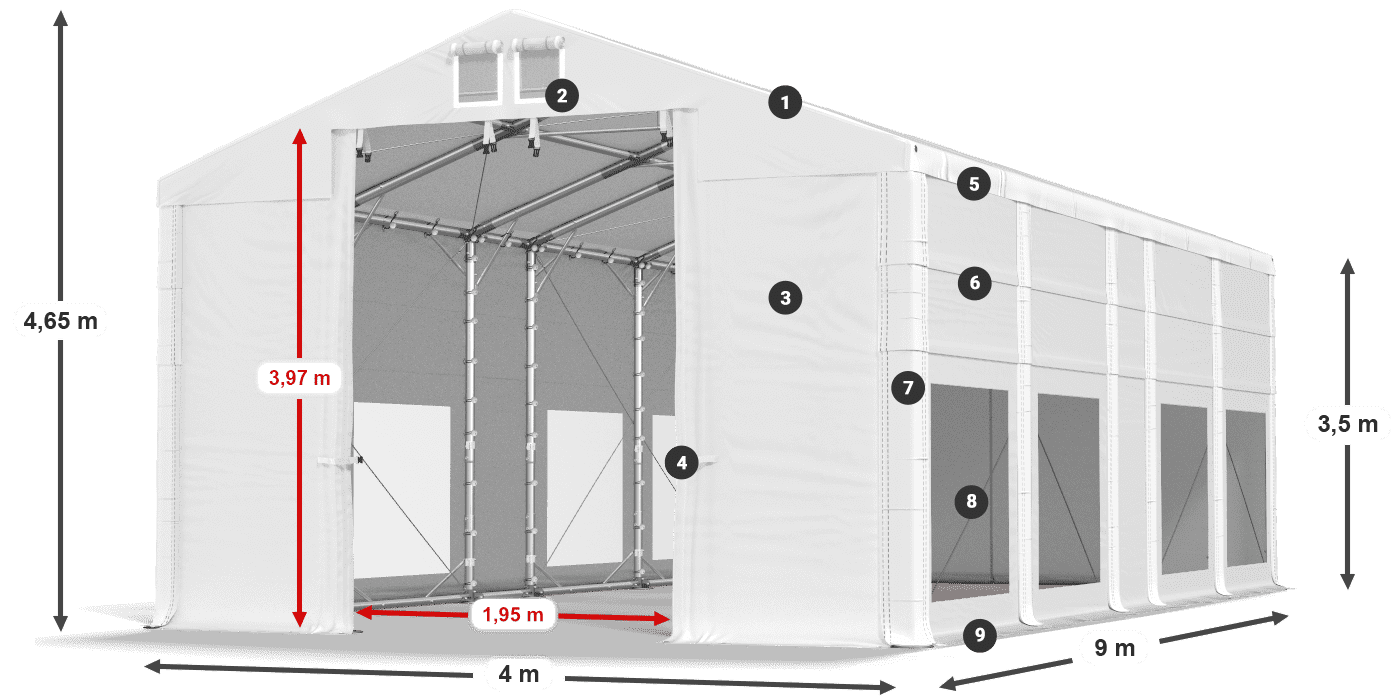Střecha: FR 620 PVC Stěny: MS 580 PVC 3,5m legenda
