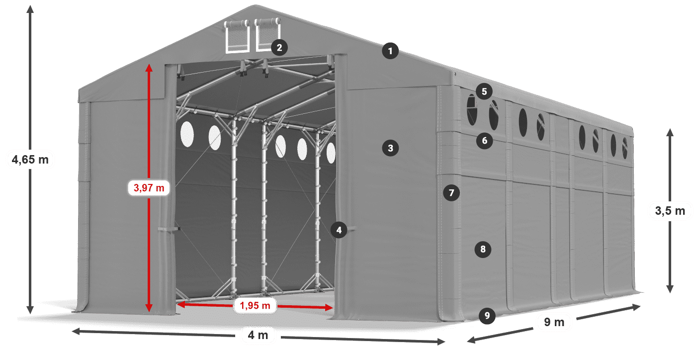 Střecha: MS 580 PVC Stěny: FR O 620 PVC 3,5m legenda