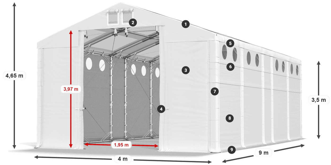 Střecha: MS T 580 PVC Stěny: FR O 620 PVC 3,5m legenda