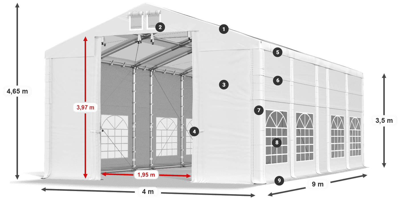 Střecha: MS T 580 PVC Stěny: FR 620 PVC 2,5 m legenda
