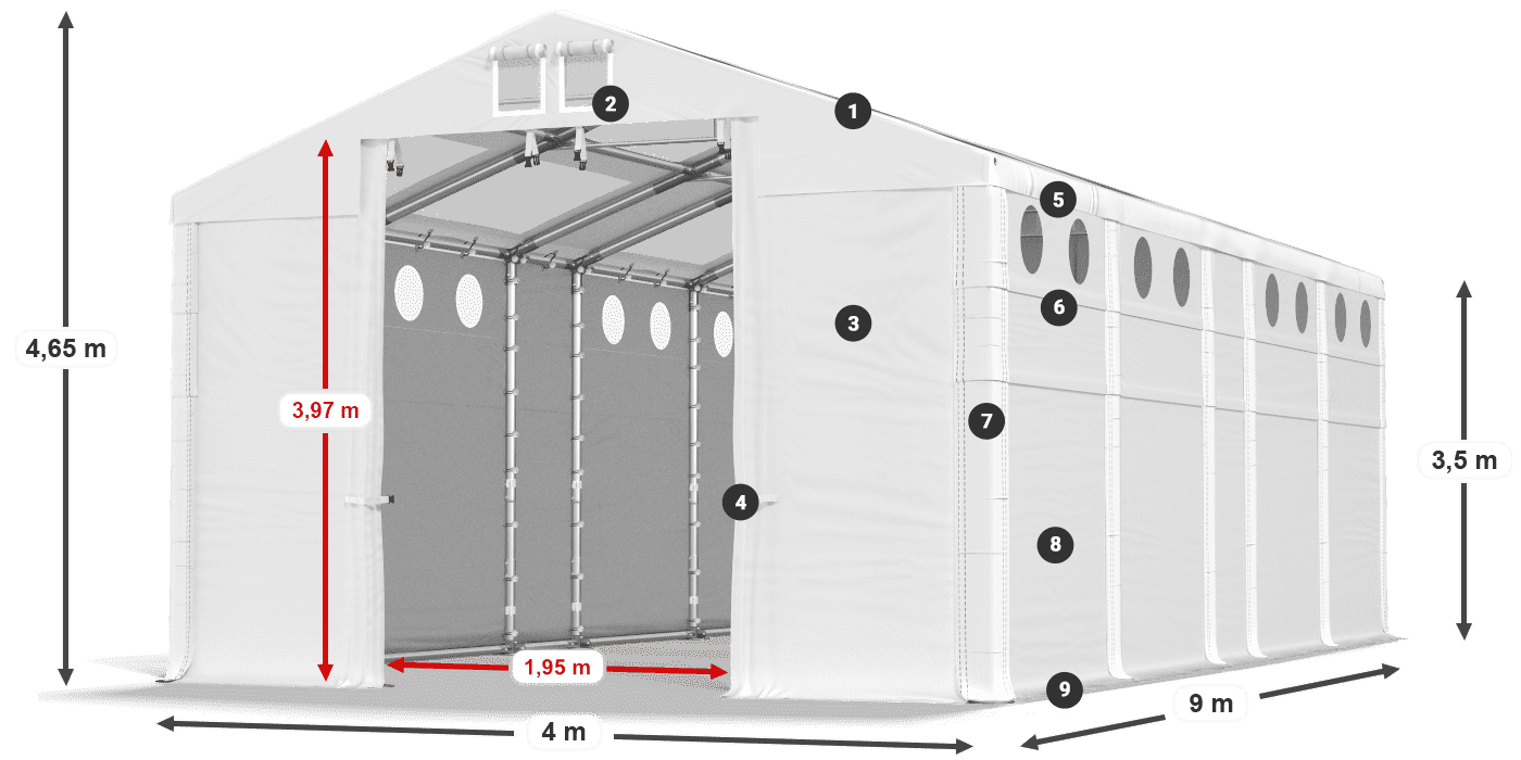 Střecha: MS T 580 PVC Stěny: MS O 580 PVC 3,5m legenda
