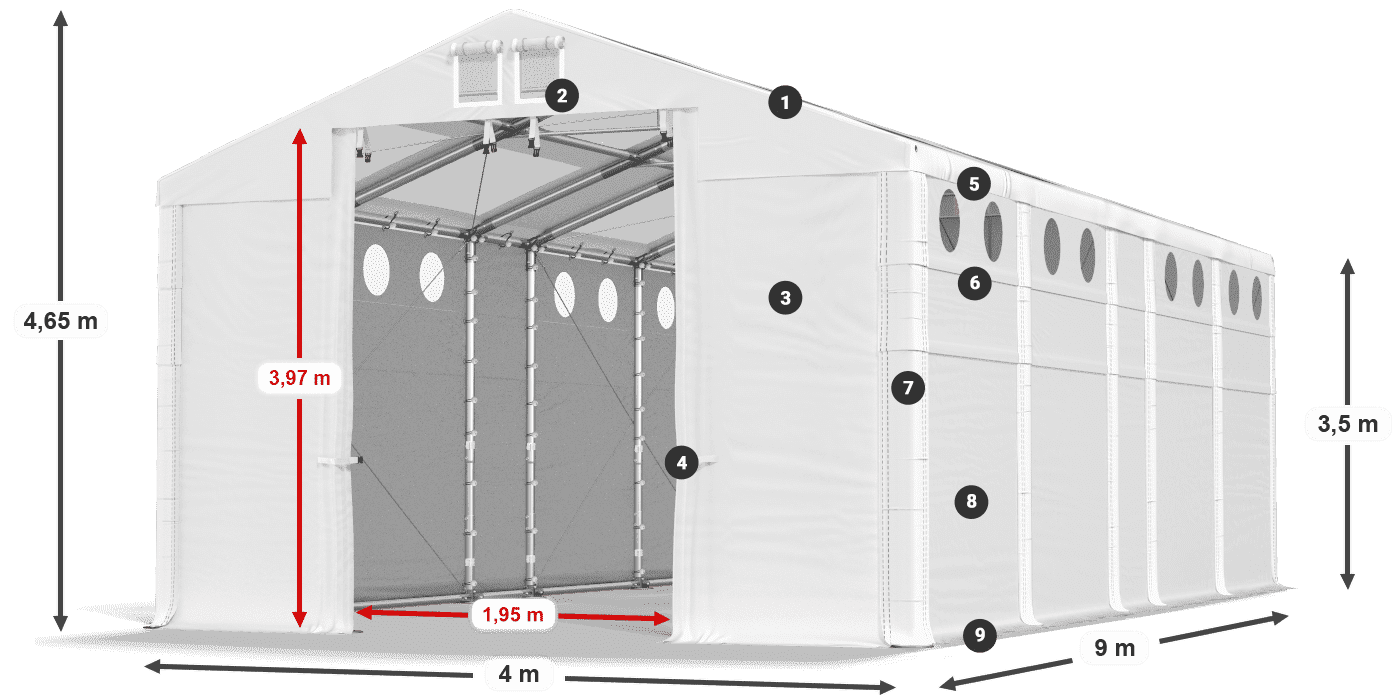Střecha: MS T 580 PVC Stěny: MS O 580 PVC 3,5m legenda