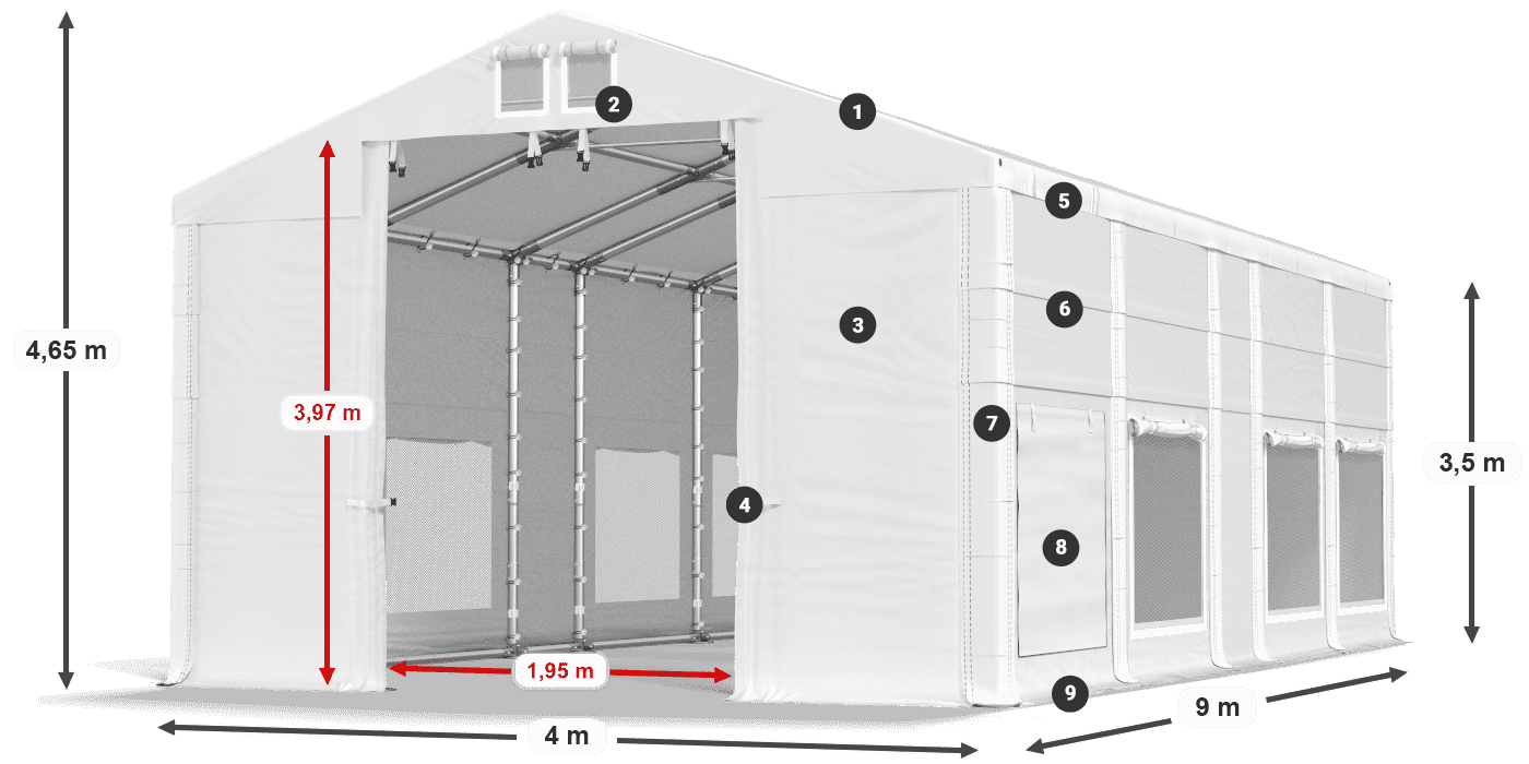 Střecha: MS 580 PVC Stěny: SD M 500 PVC 3,5m legenda