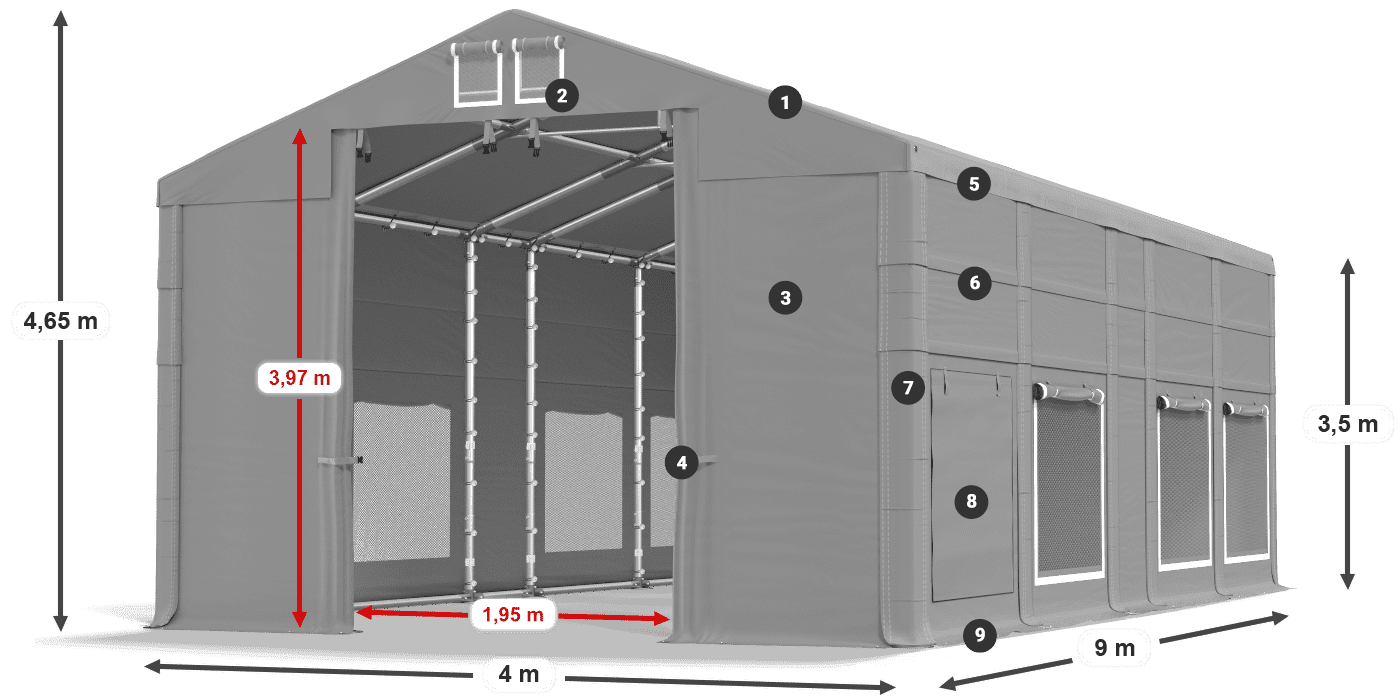 Střecha: MS 580 PVC Stěny: SD M 500 PVC 3,5m legenda