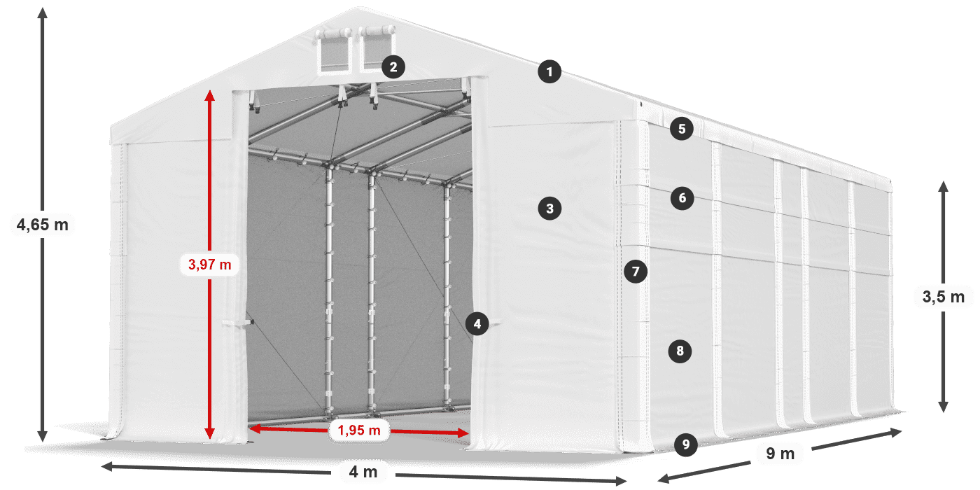 Střecha: MS 580 PVC Stěny: SD 500 PVC 3,5m legenda