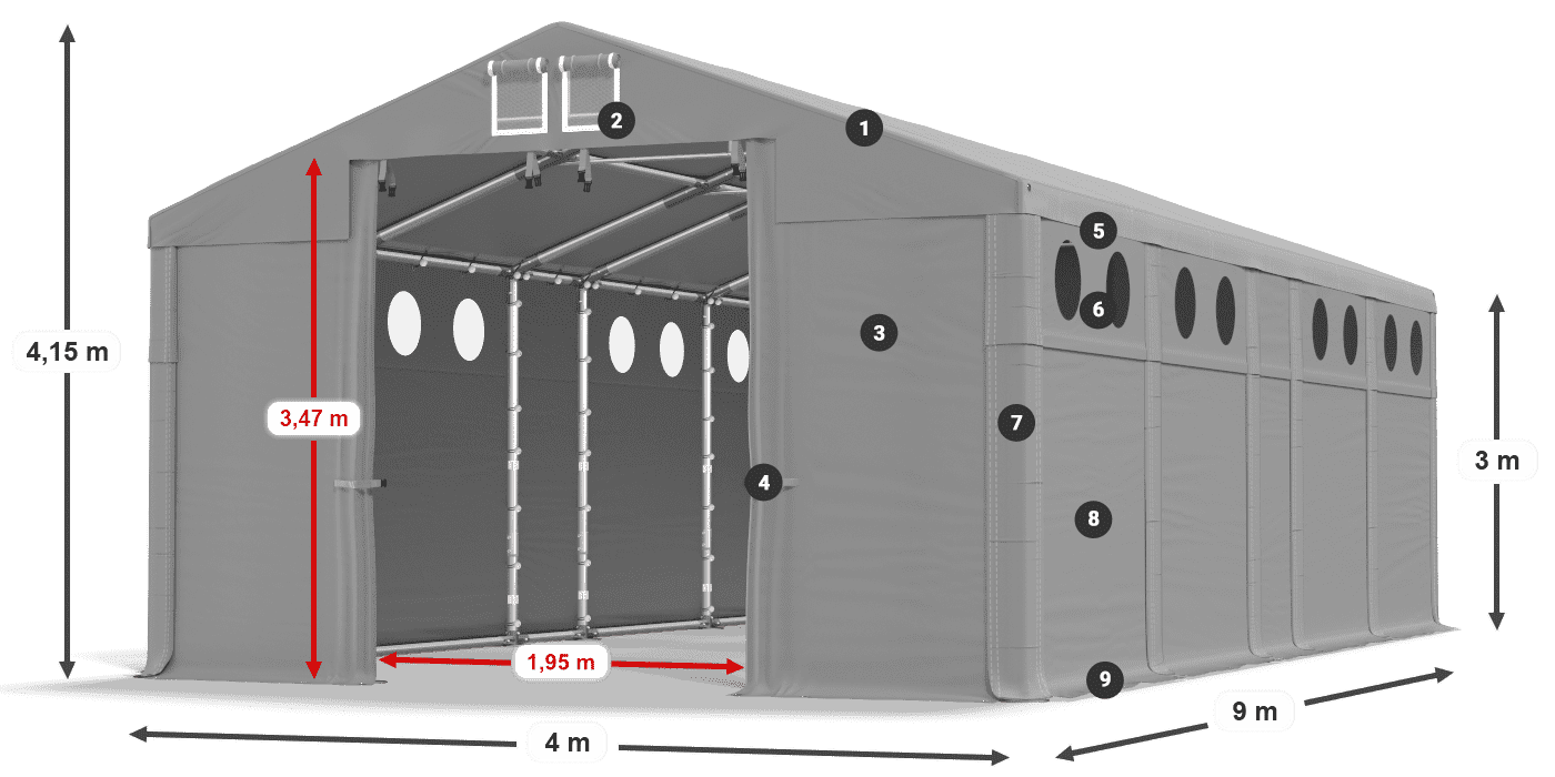 Střecha: FR 620 PVC Stěny: MS O 580 PVC 3m legenda