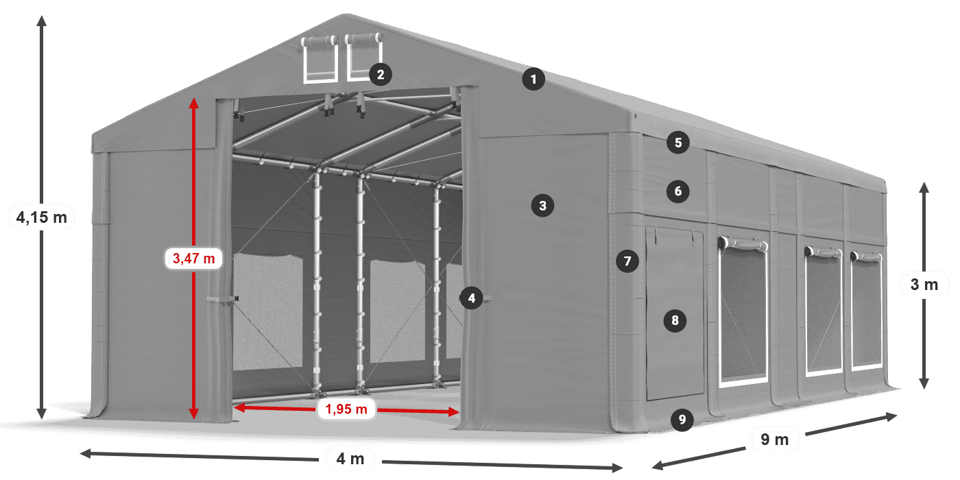 Střecha: MS 580 PVC Stěny: SD M 500 PVC 3m legenda