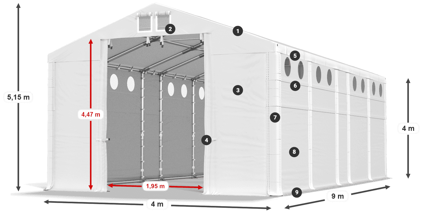 Střecha: FR 620 PVC Stěny: MS O 580 PVC 4m legenda