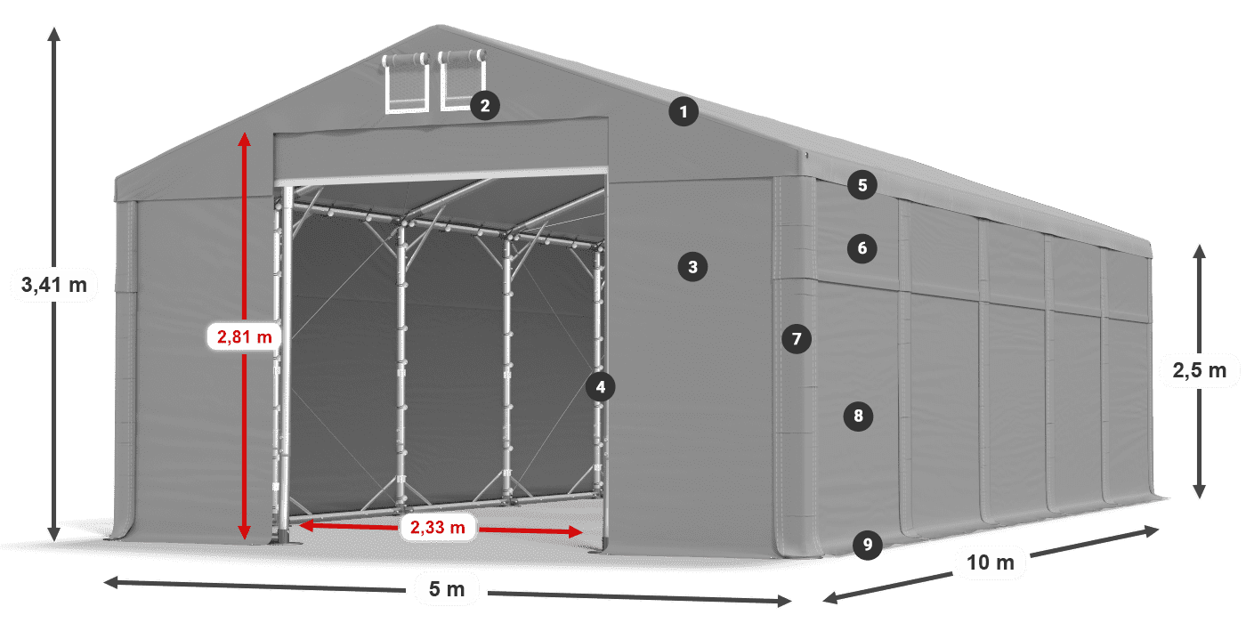 Střecha: FR 620 PVC Stěny: MS 580 PVC 2,5 m legenda
