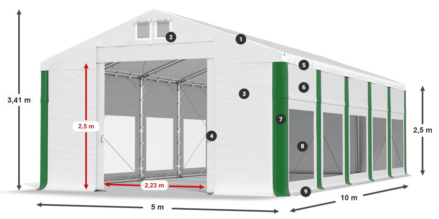 Střecha: FR 620 PVC Stěny: MS 580 PVC 2,5 m legenda