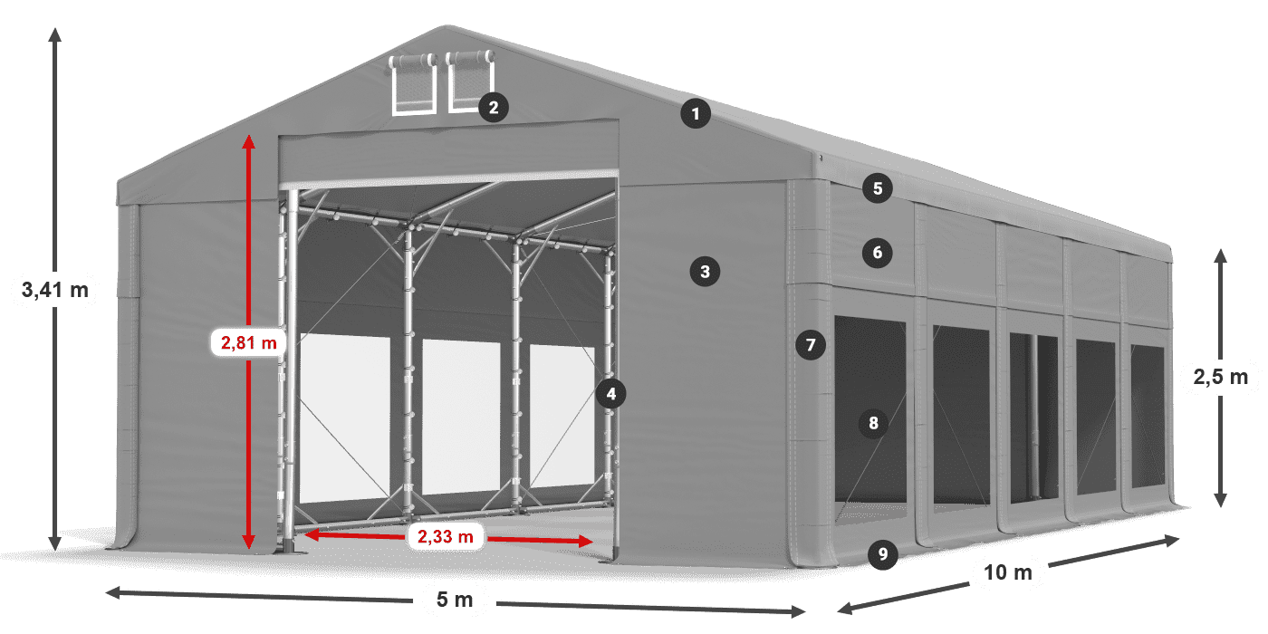 Střecha: FR 620 PVC Stěny: MS 580 PVC 2,5 m legenda