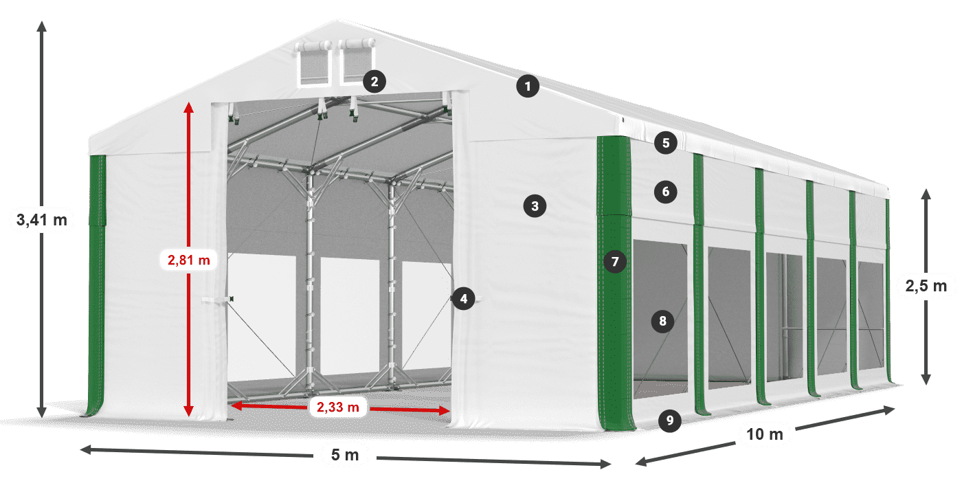 Střecha: FR 620 PVC Stěny: MS 580 PVC 2,5 m legenda