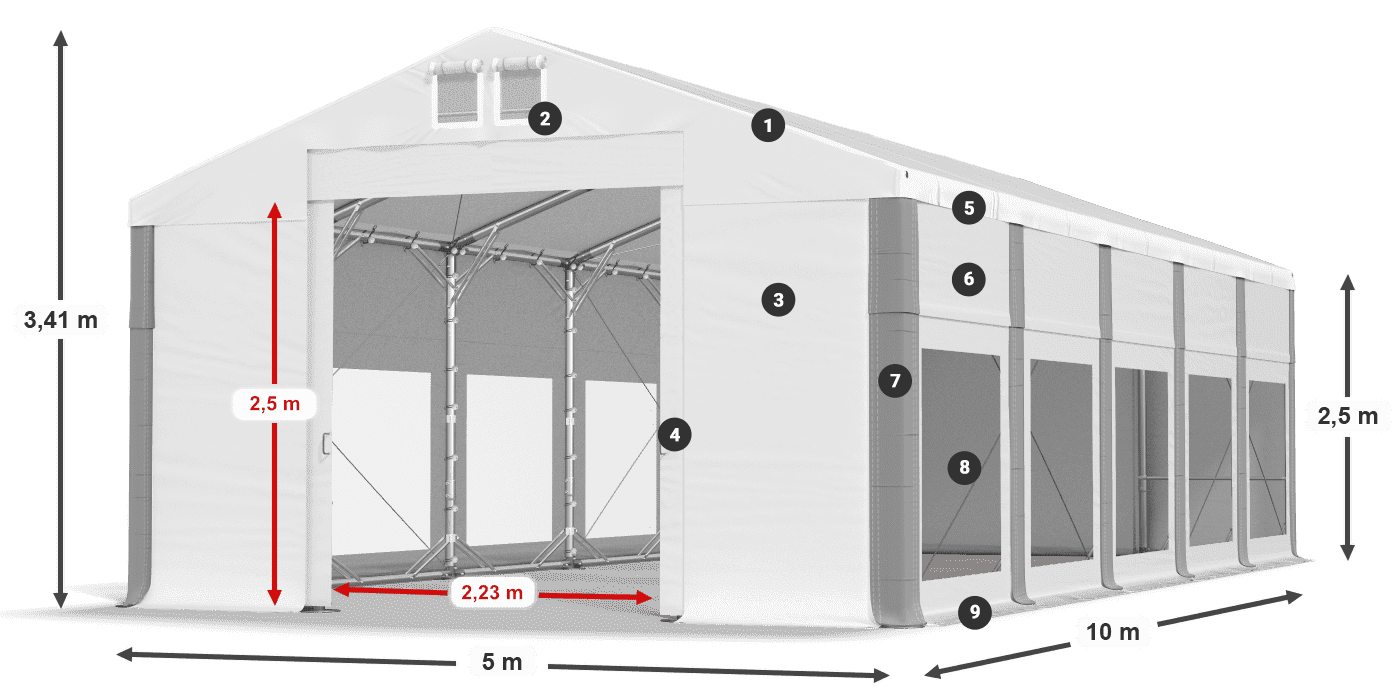 Střecha: FR 620 PVC Stěny: MS 580 PVC 2,5 m legenda