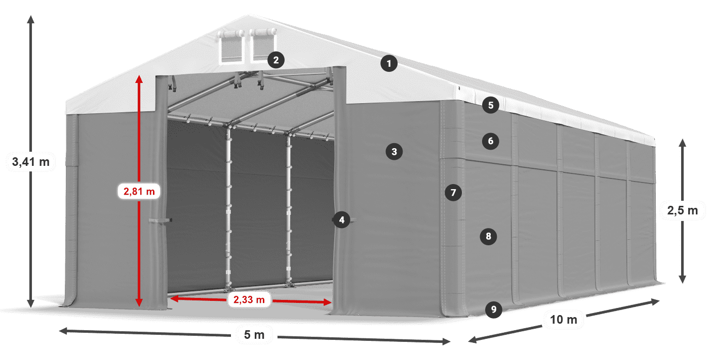 Střecha: FR 620 PVC Stěny: MS 580 PVC 2,5 m legenda