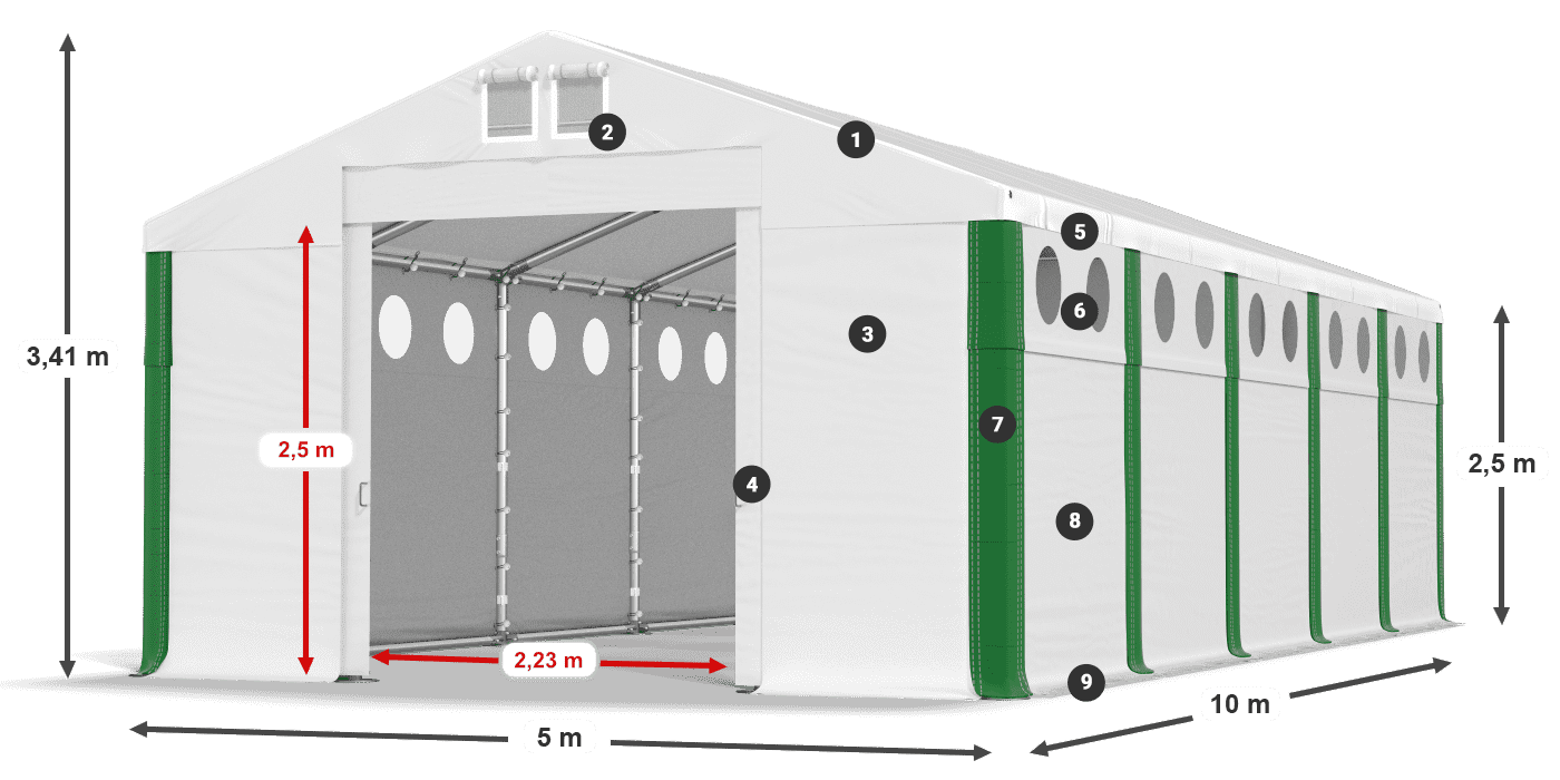 Střecha: FR 620 PVC Stěny: MS O 580 PVC 2,5 m legenda