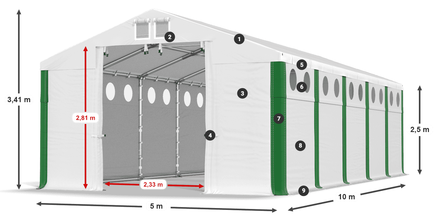 Střecha: FR 620 PVC Stěny: MS O 580 PVC 2,5 m legenda