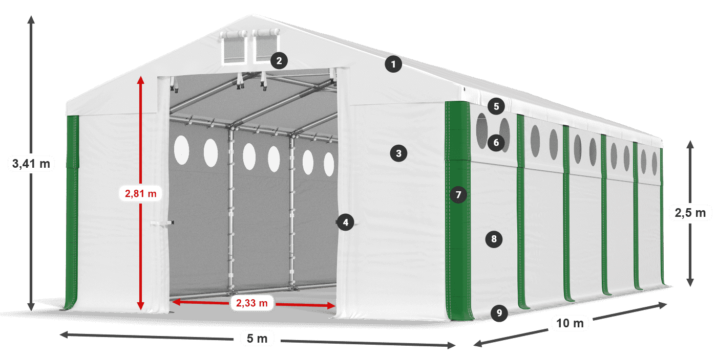 Střecha: FR 620 PVC Stěny: MS O 580 PVC 2,5 m legenda