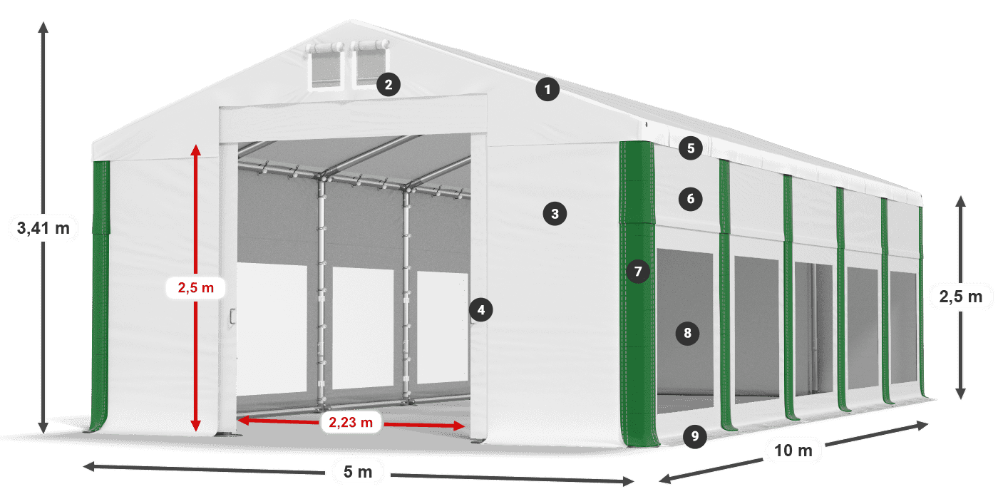 Střecha: FR 620 PVC Stěny: MS 580 PVC 2,5 m legenda