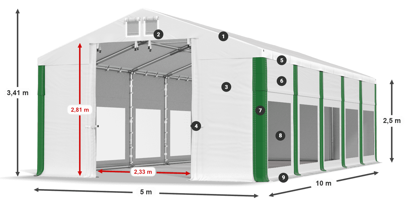 Střecha: FR 620 PVC Stěny: MS 580 PVC 2,5 m legenda
