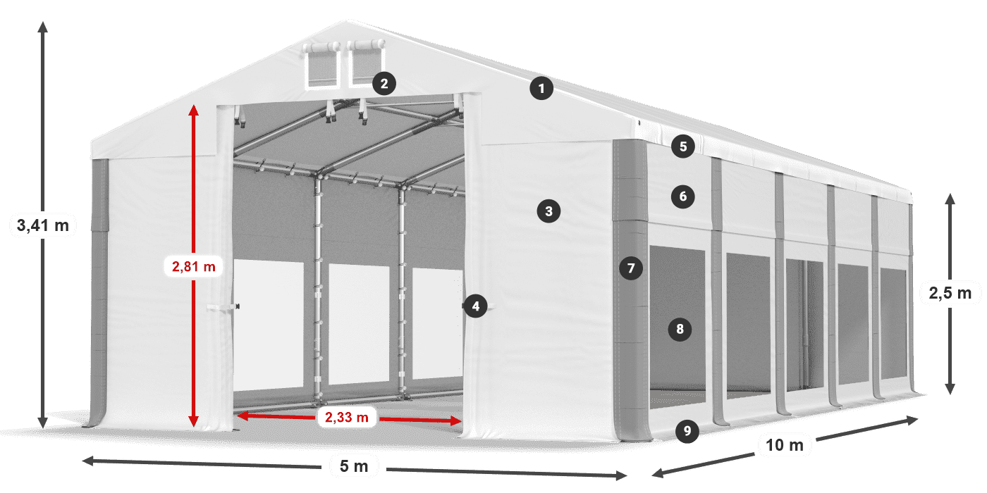 Střecha: FR 620 PVC Stěny: MS 580 PVC 2,5 m legenda