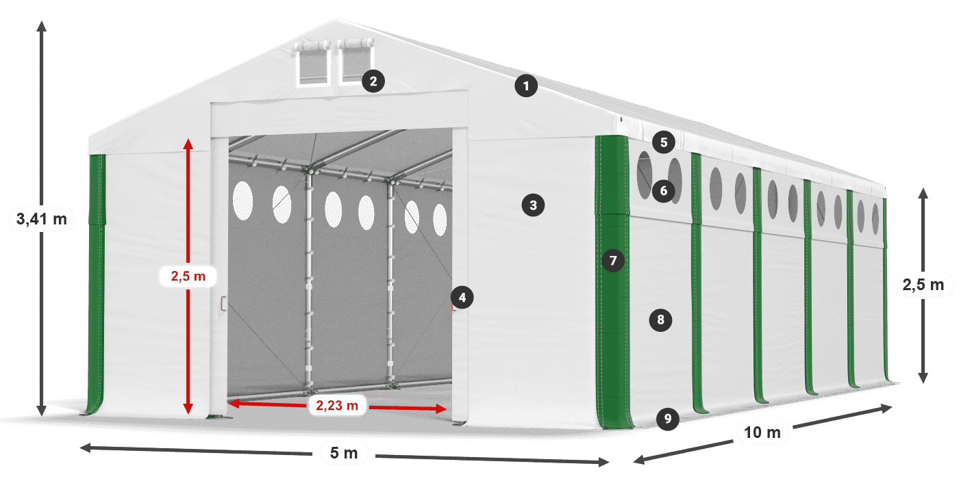 Střecha: FR 620 PVC Stěny: MS O 580 PVC 2,5 m legenda