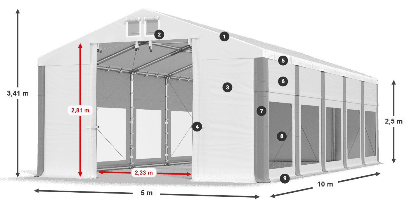 Střecha: FR 620 PVC Stěny: MS 580 PVC 2,5 m legenda