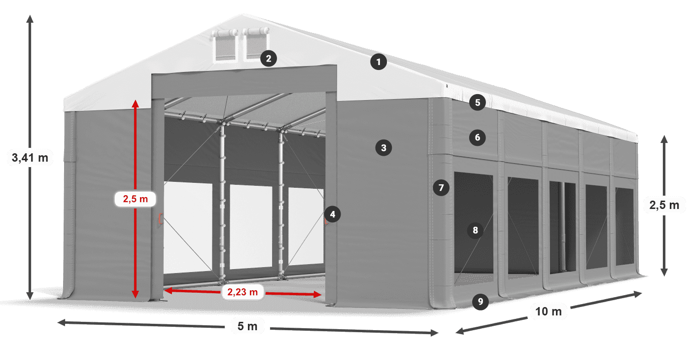 Střecha: FR 620 PVC Stěny: MS 580 PVC 2,5 m legenda
