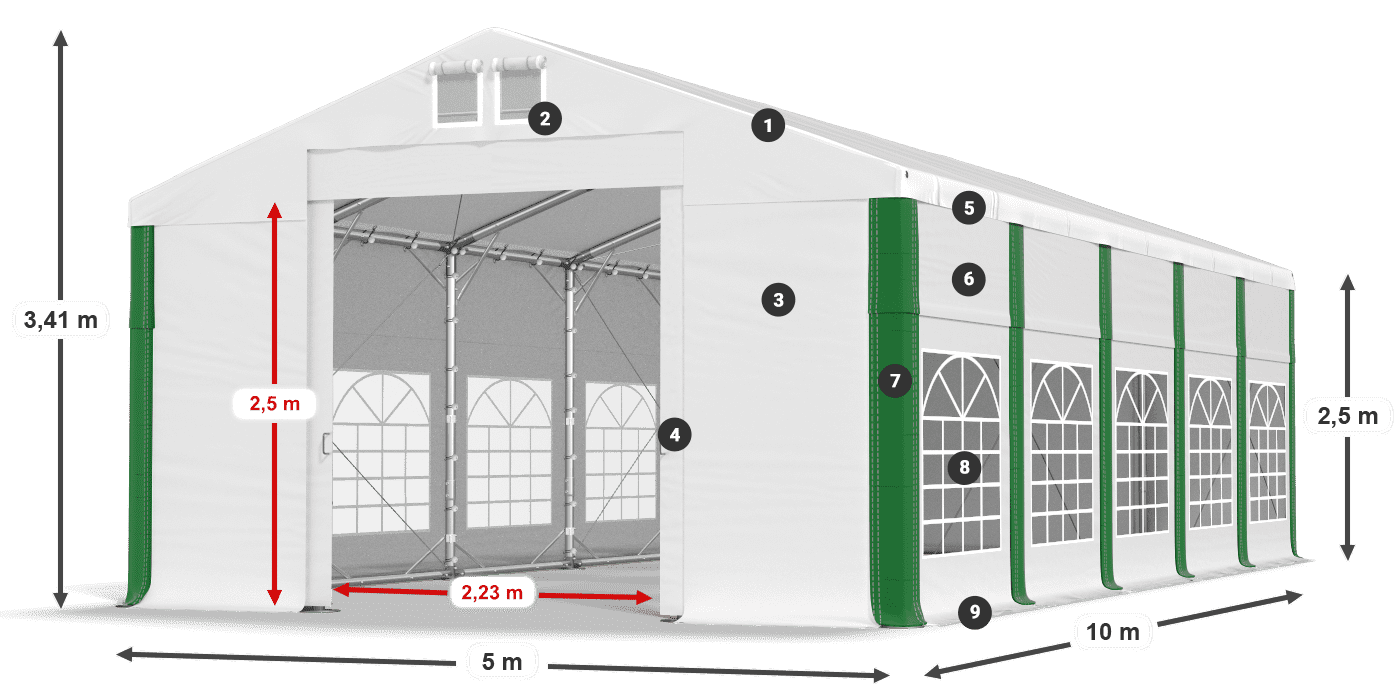 Střecha: FR 620 PVC Stěny: SD 500 PVC 2,5 m legenda