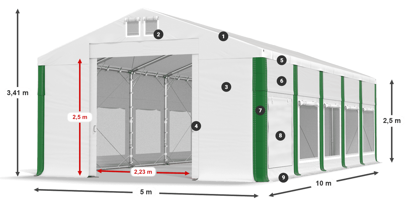 Střecha: FR 620 PVC Stěny: SD 500 PVC 2,5 m legenda