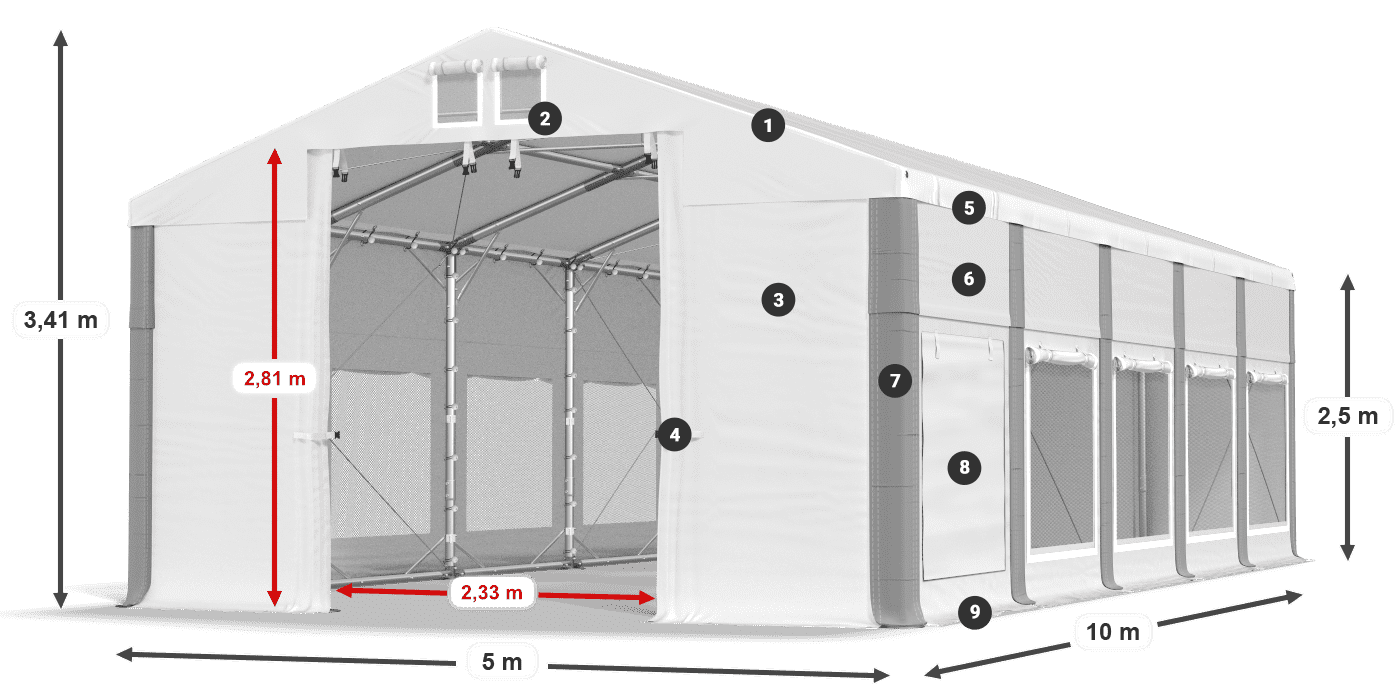 Střecha: FR 620 PVC Stěny: SD 500 PVC 2,5 m legenda