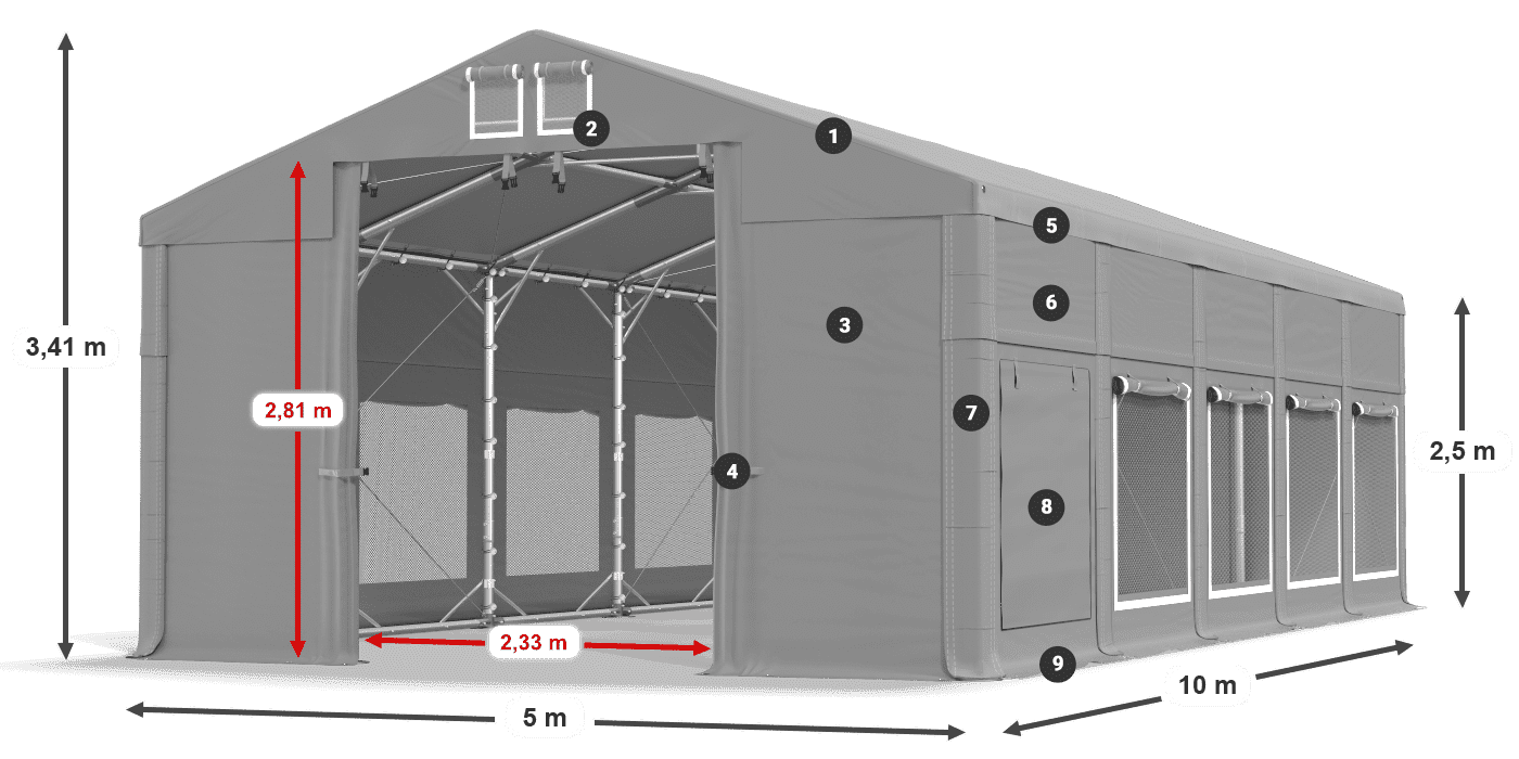 Střecha: FR 620 PVC Stěny: SD 500 PVC 2,5 m legenda