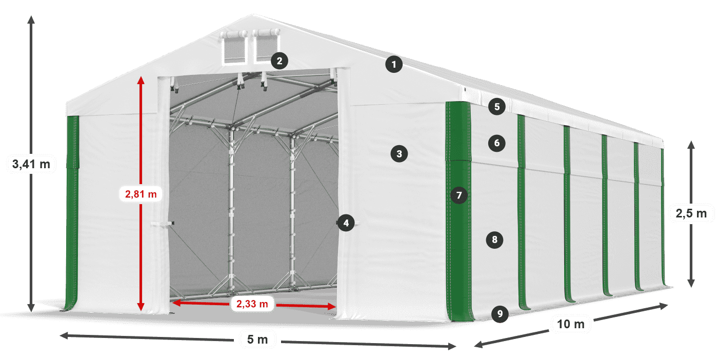 Střecha: FR 620 PVC Stěny: SD 500 PVC 2,5 m legenda