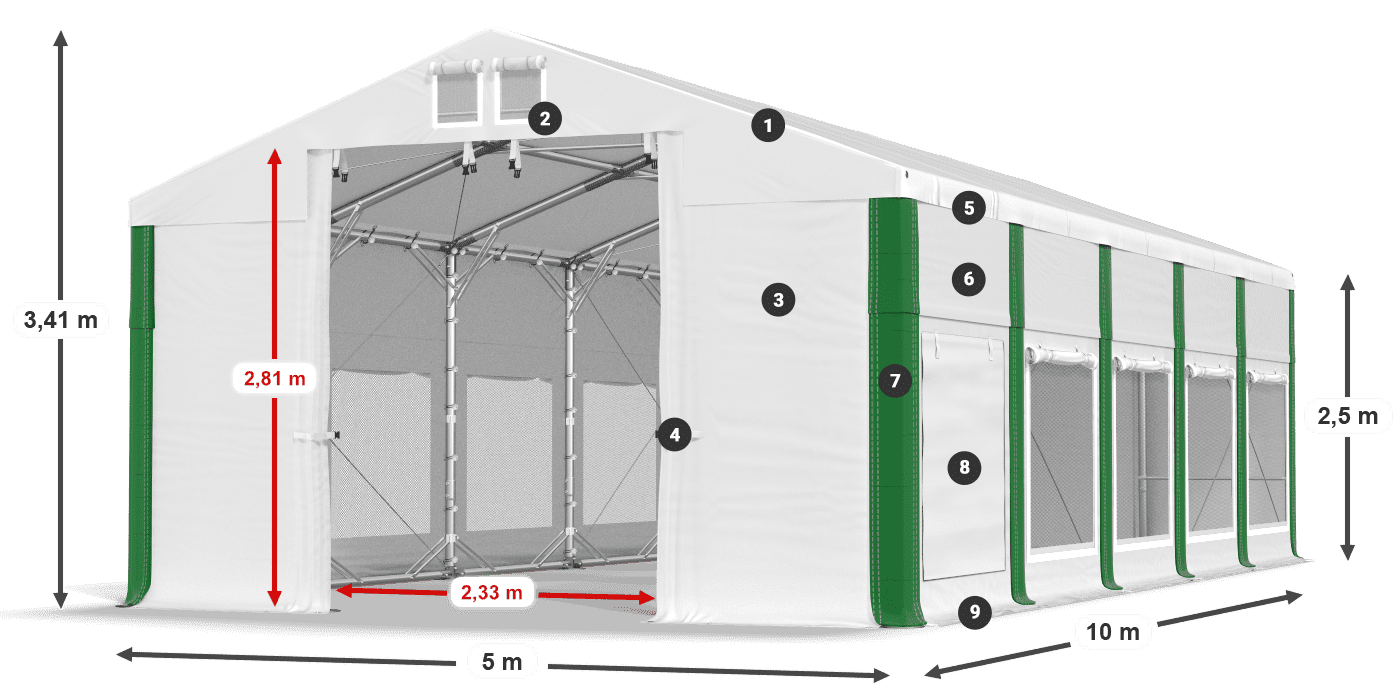 Střecha: FR 620 PVC Stěny: SD 500 PVC 2,5 m legenda