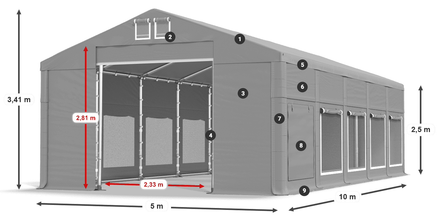 Střecha: FR 620 PVC Stěny: SD 500 PVC 2,5 m legenda