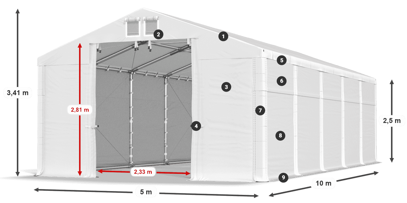 Střecha: FR 620 PVC Stěny: SD 500 PVC 2,5 m legenda