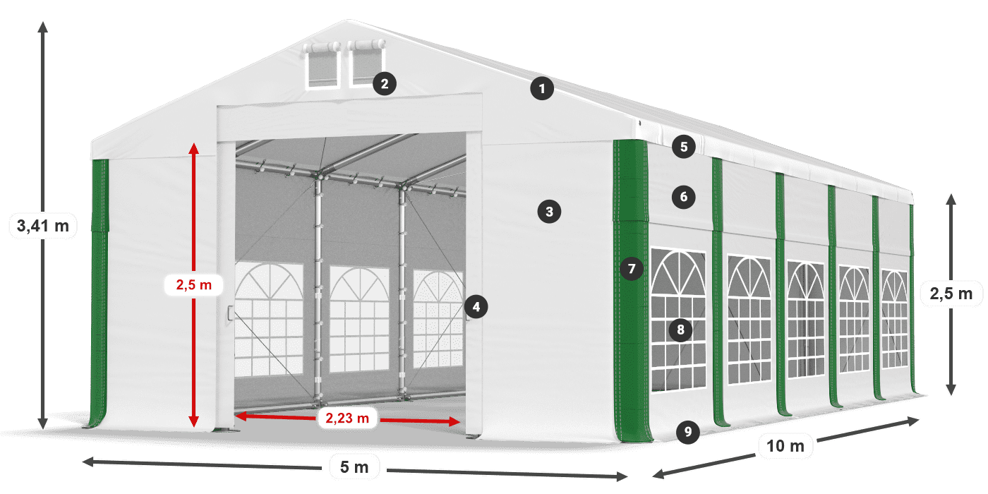 Střecha: FR 620 PVC Stěny: SD 500 PVC 2,5 m legenda
