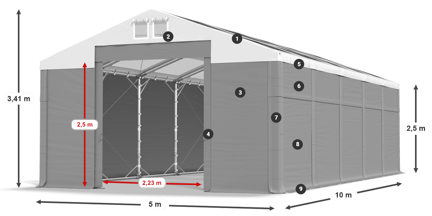 Střecha: MS T 580 PVC Stěny: FR 620 PVC 2,5 m legenda