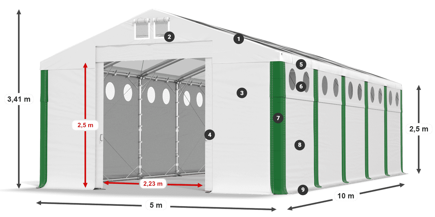 Střecha: MS T 580 PVC Stěny: FR O 620 PVC 2,5 m legenda
