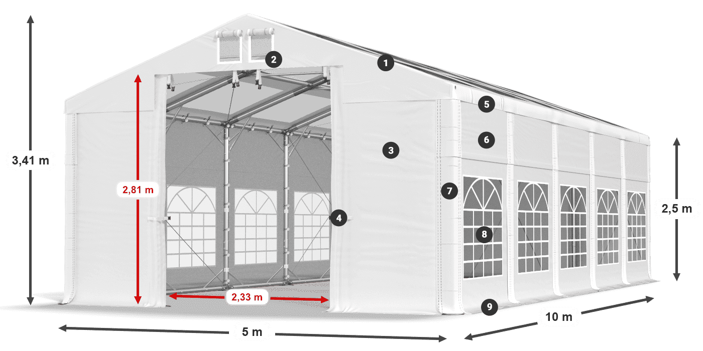 Střecha: MS T 580 PVC Stěny: FR 620 PVC 2,5 m legenda