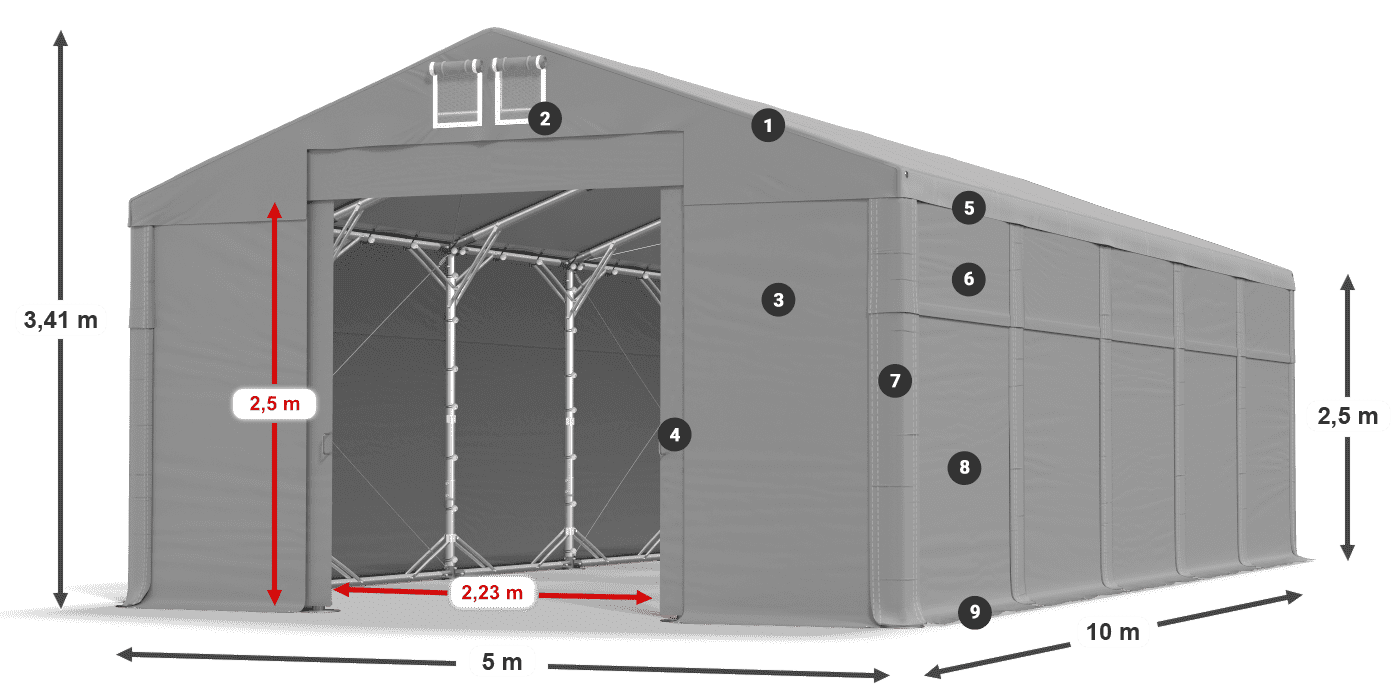 Střecha: MS 580 PVC Stěny: FR 620 PVC 2,5 m legenda