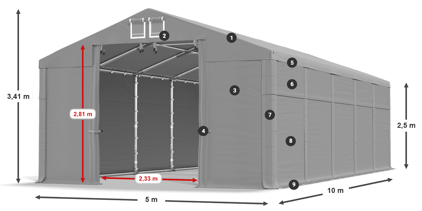 Střecha: MS 580 PVC Stěny: FR 620 PVC 2,5 m legenda