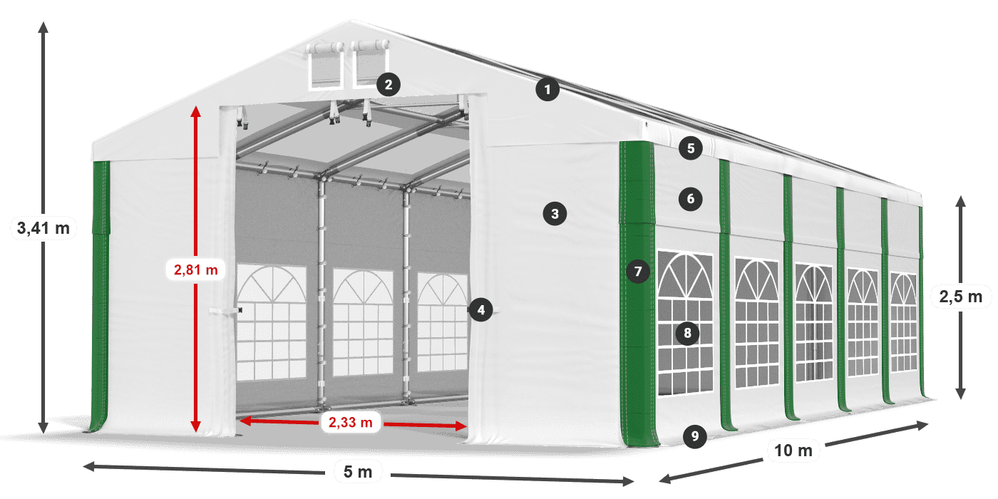 Střecha: MS T 580 PVC Stěny: FR 620 PVC 2,5 m legenda